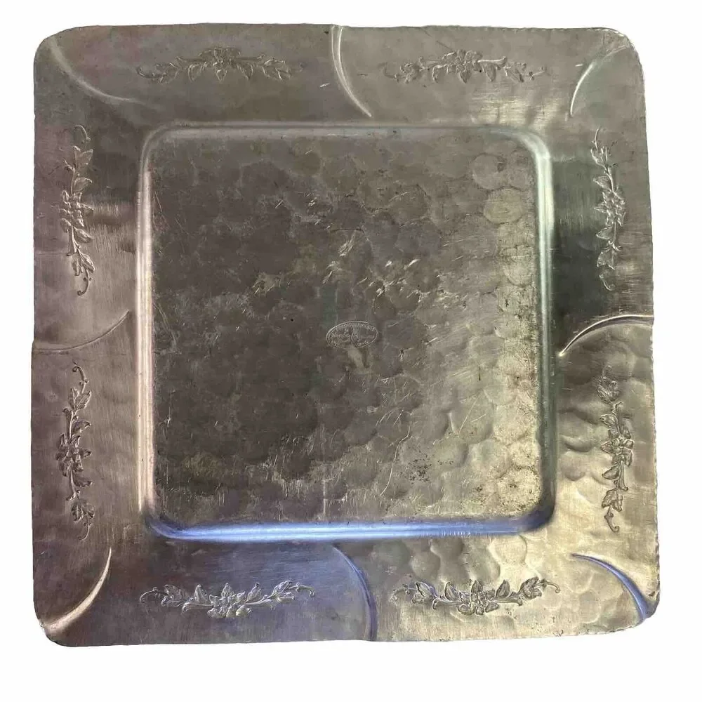 EMPC Hammered Aluminum Tray Square Intaglio Design 50s Floral Wall Hang 13